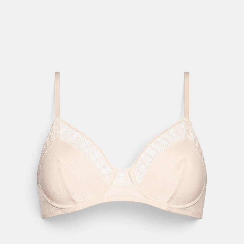 Shop Rescue Spa Infime beige full-cup bra with delicate lace trim on neckline and lined cups for support.