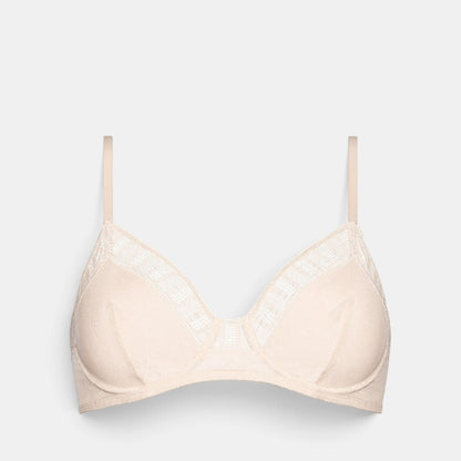 Shop Rescue Spa Infime beige full-cup bra with delicate lace trim on neckline and lined cups for support.