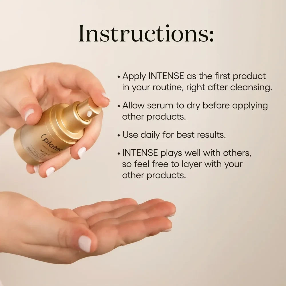 Shop Rescue Spa INTENSE Serum in a gold pump bottle being dispensed into a hand for application.