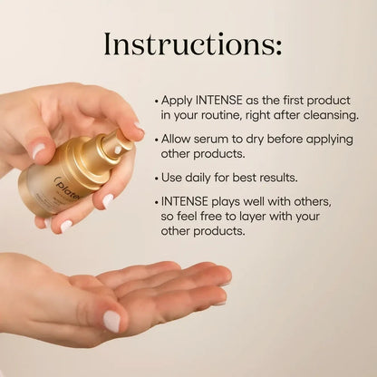 Shop Rescue Spa INTENSE Serum in a gold pump bottle being dispensed into a hand for application.