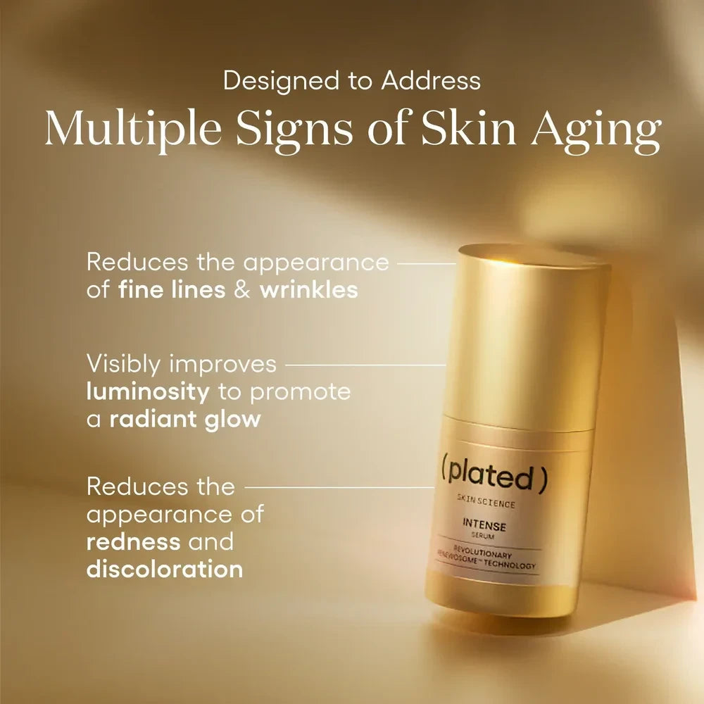 Shop Rescue Spa Intense Serum bottle featuring anti-aging benefits text against a warm, glowing background.