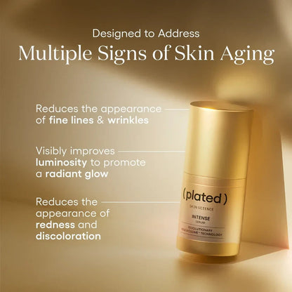Shop Rescue Spa Intense Serum bottle featuring anti-aging benefits text against a warm, glowing background.
