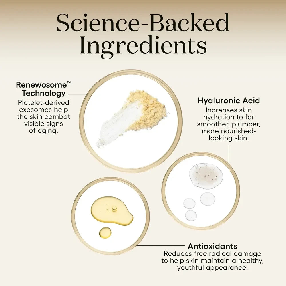 Shop Rescue Spa Intense Serum ingredient breakdown featuring Renewosome technology, hyaluronic acid, and antioxidants.