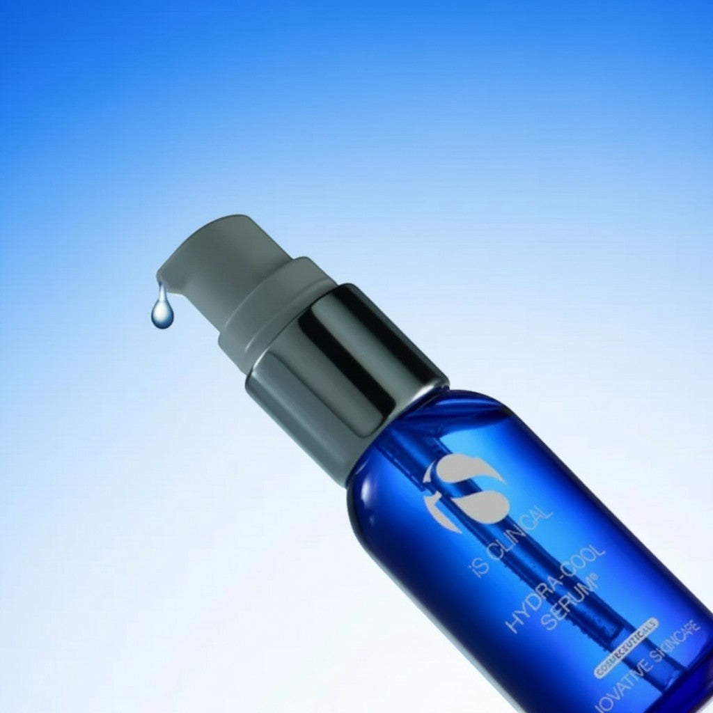 Shop Rescue Spa iS Clinical Hydra-Cool Serum in a blue glass bottle with a pump dispenser and a single drop of serum.