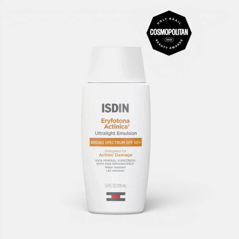 Shop Rescue Spa ISDIN Eryfotona Actinica 100% mineral SPF 50 sunscreen bottle with Cosmopolitan award seal.