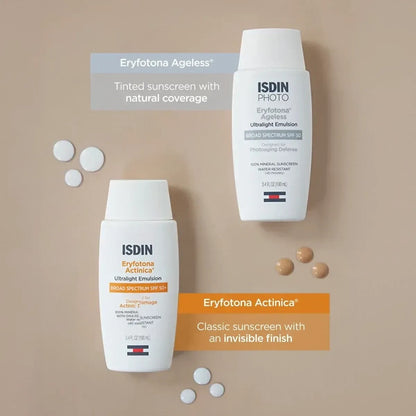 Shop Rescue Spa ISDIN Eryfotona Actinica and Ageless mineral sunscreens with product texture samples on beige background