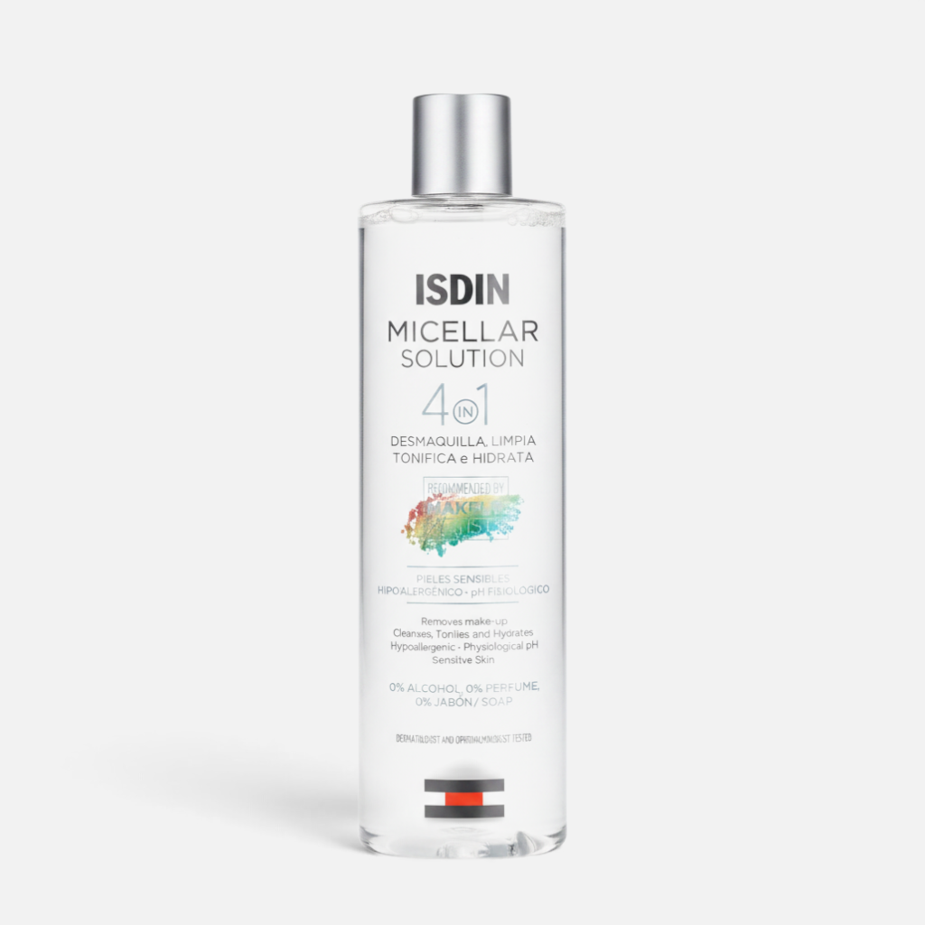 Shop Rescue Spa ISDIN 4-in-1 micellar cleansing water bottle for sensitive skin in a clear 400ml container.