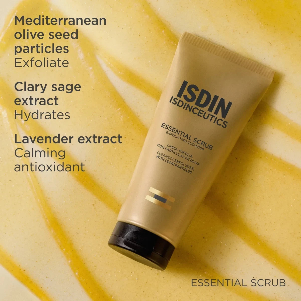 Shop Rescue Spa Isdinceutics Essential Scrub exfoliating facial cleanser with olive particles on a textured background