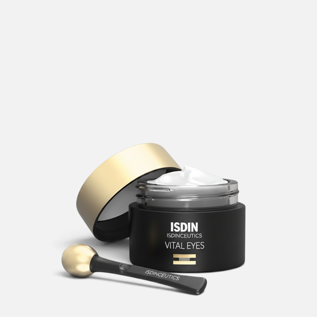 Shop Rescue Spa Isdinceutics Vital Eyes anti-wrinkle eye cream in a black jar with a gold cooling applicator tool