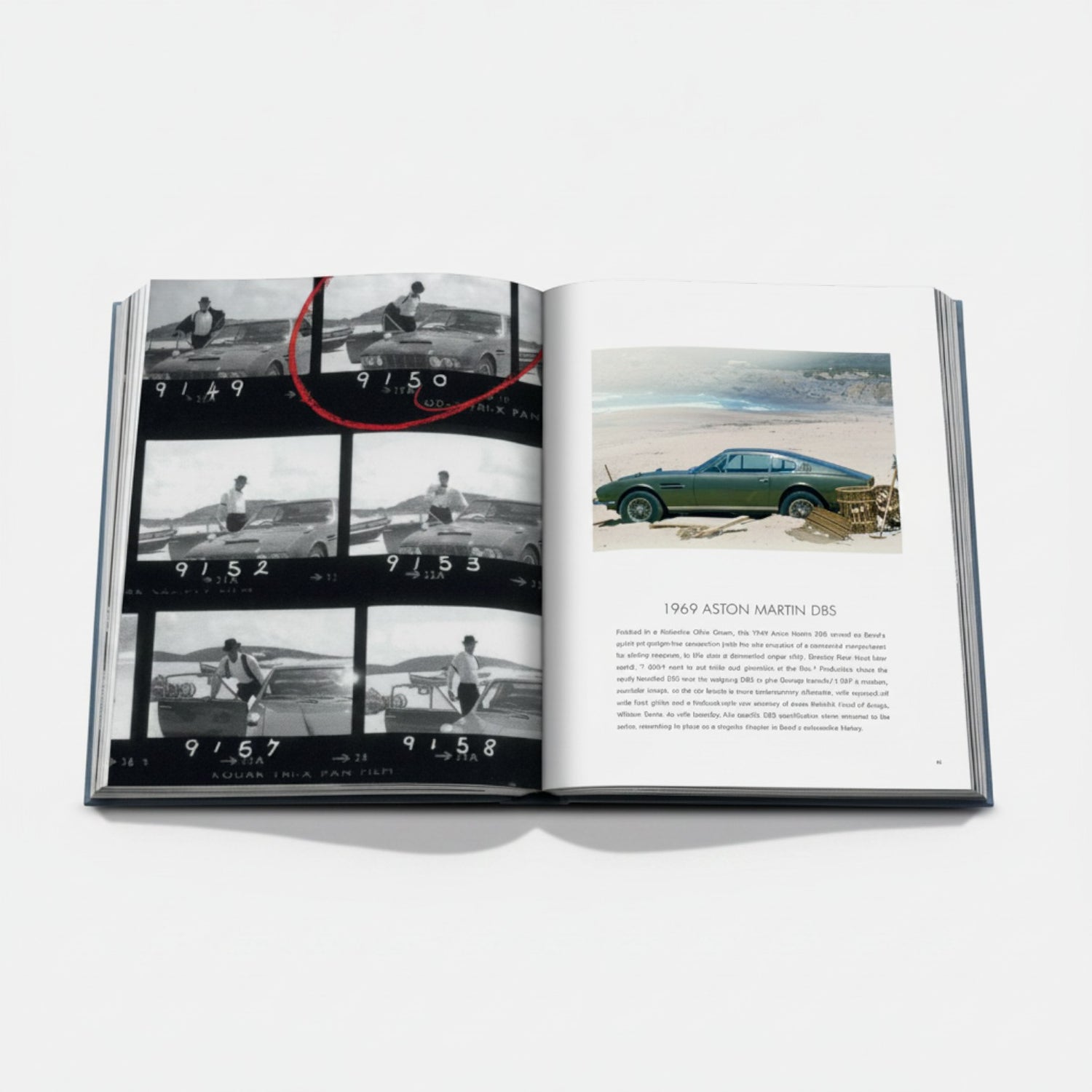 Shop Rescue Spa James Bond Cars book featuring 1969 Aston Martin DBS and film strip contact sheets.