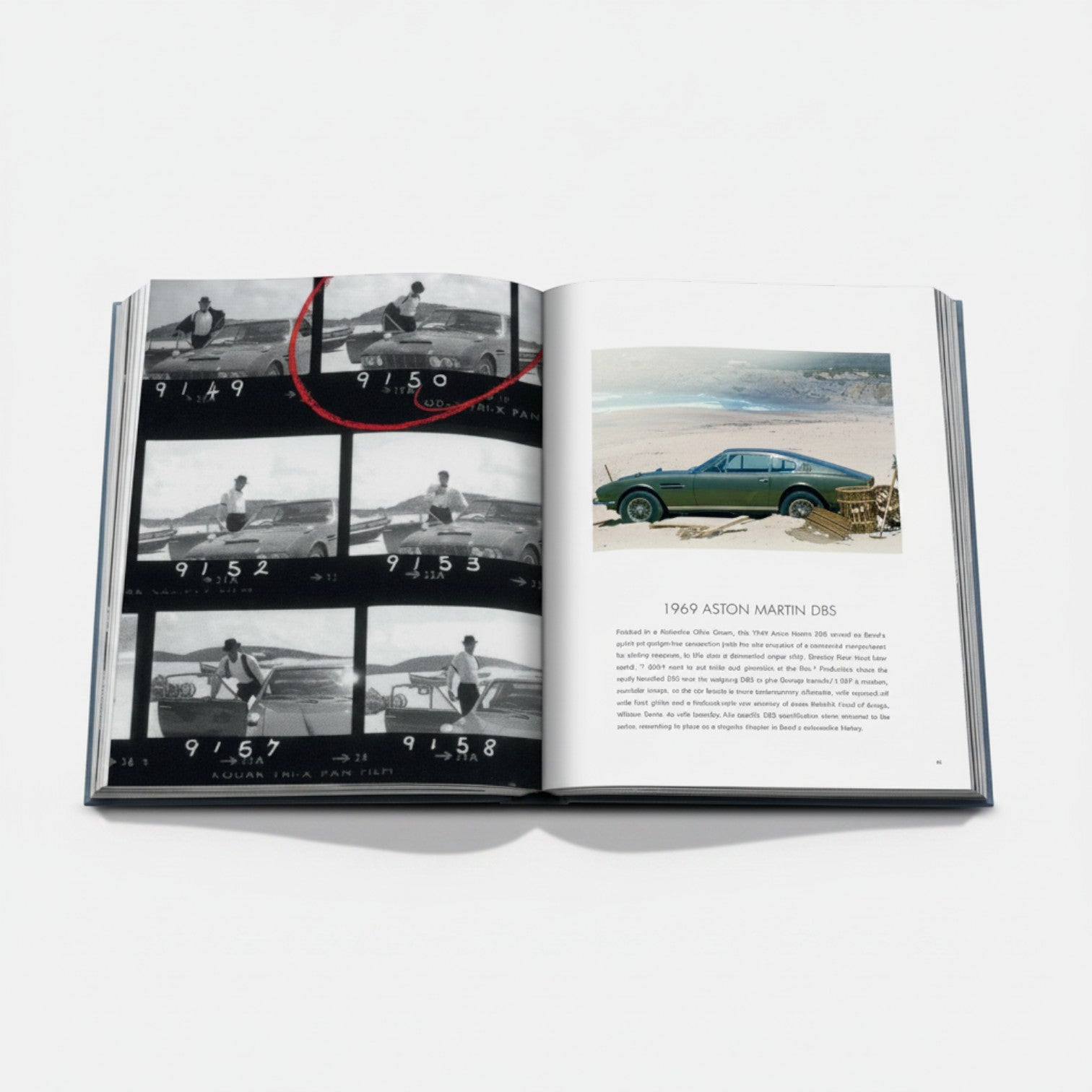 Shop Rescue Spa James Bond Cars book featuring 1969 Aston Martin DBS and film strip contact sheets.