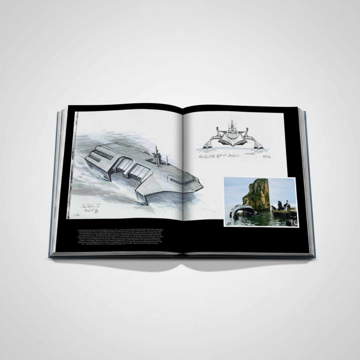 Shop Rescue Spa James Bond Cars book featuring concept art of a futuristic ship and a photo of a submerged vehicle near a rock formation.