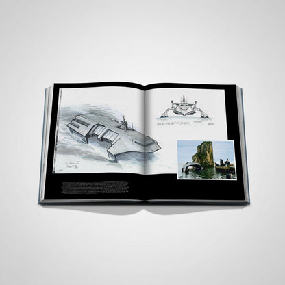 Shop Rescue Spa James Bond Cars book featuring concept art of a futuristic ship and a photo of a submerged vehicle near a rock formation.