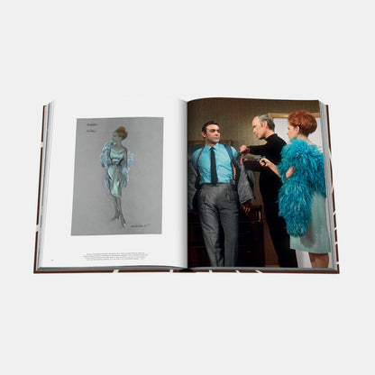 Shop Rescue Spa James Bond Style book open to a page showing a costume sketch and a scene with Sean Connery