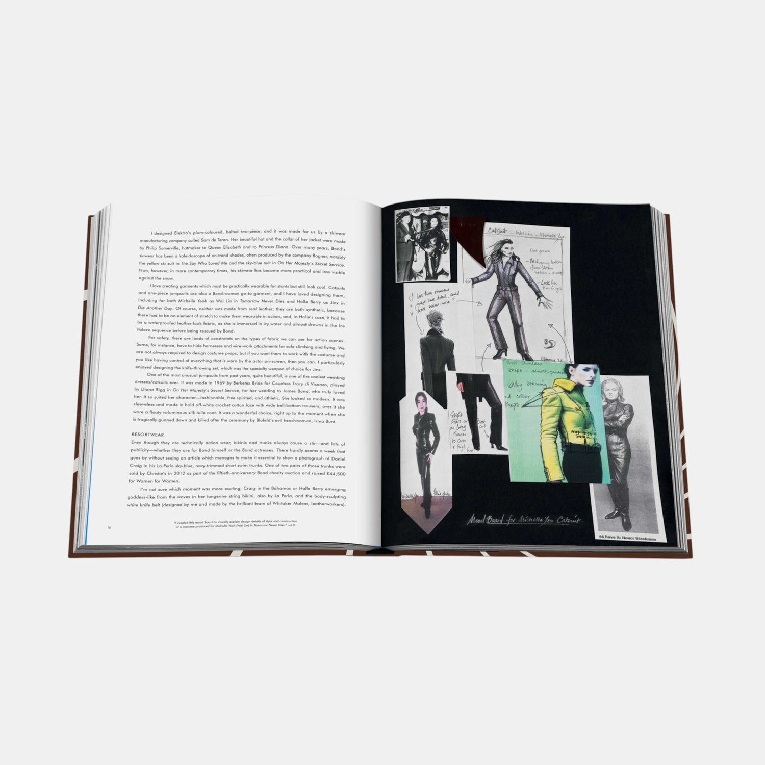 Open pages of the Shop Rescue Spa James Bond Style hardcover book featuring costume sketches and fashion photography.