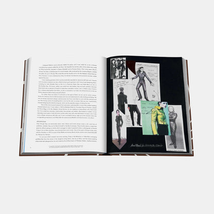 Open pages of the Shop Rescue Spa James Bond Style hardcover book featuring costume sketches and fashion photography.