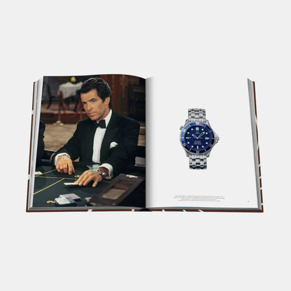 Shop Rescue Spa James Bond Style book open to a page featuring Pierce Brosnan and an Omega Seamaster watch