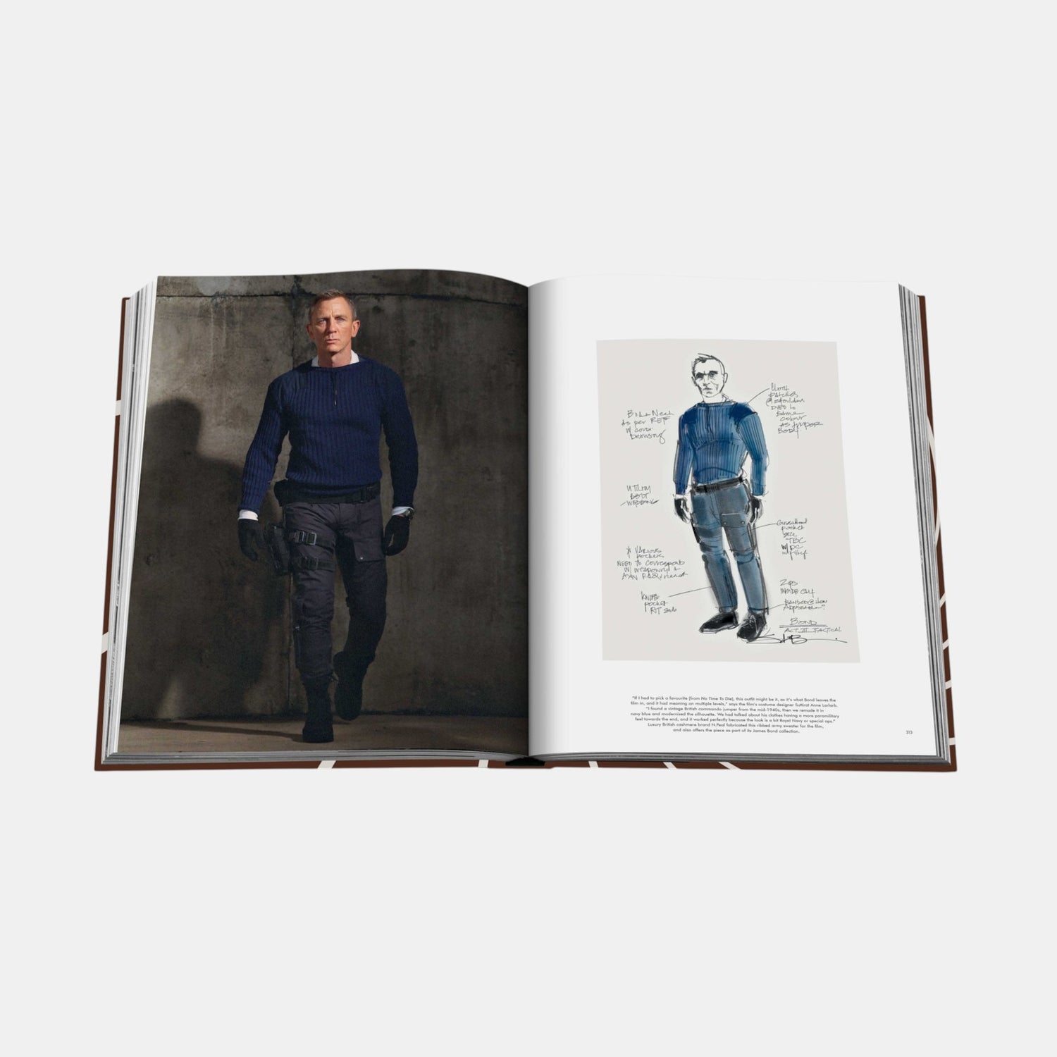 Shop Rescue Spa James Bond Style book open to a page showing Daniel Craig in a blue sweater next to a costume sketch.