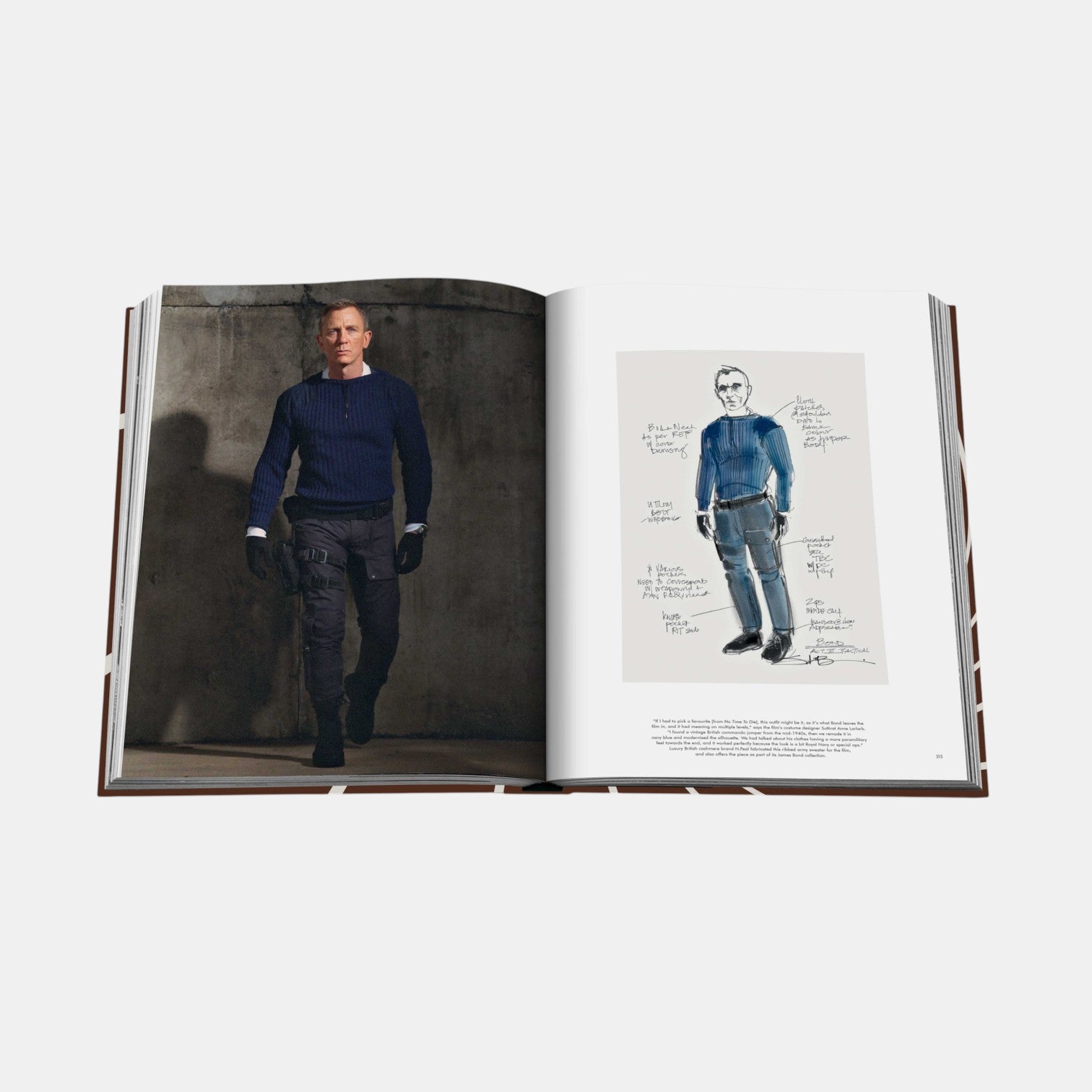 Shop Rescue Spa James Bond Style book open to a page showing Daniel Craig in a blue sweater next to a costume sketch.