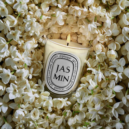 Shop Rescue Spa Jasmin scented candle in a glass vessel surrounded by fresh white jasmine flowers