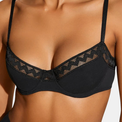 Shop Rescue Spa Justine NOIR black jersey bra with intricate lace trim along the neckline and under-bust band