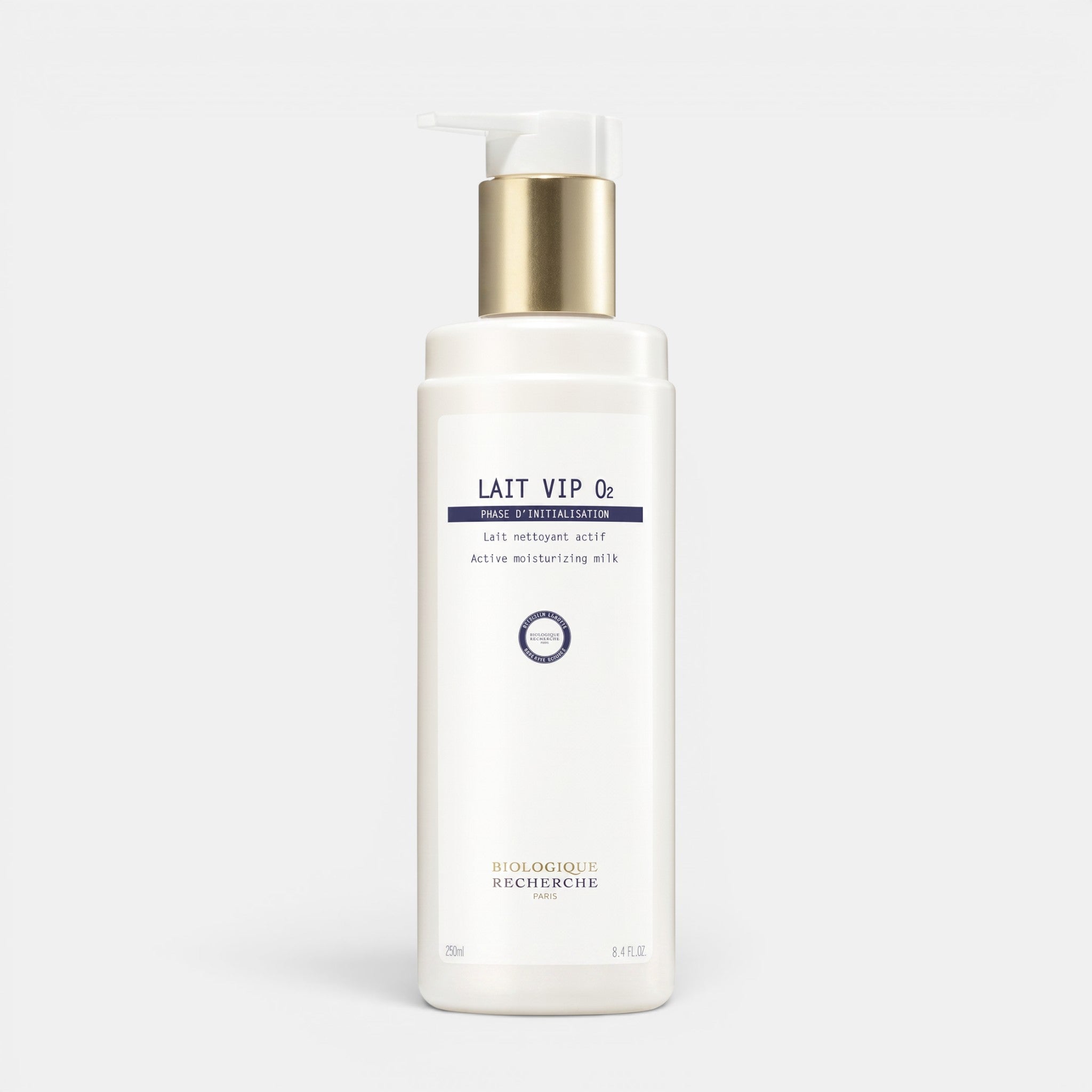 Shop Rescue Spa Biologique Recherche Lait VIP O2 oxygenating cleansing milk in a white bottle with a pump dispenser.