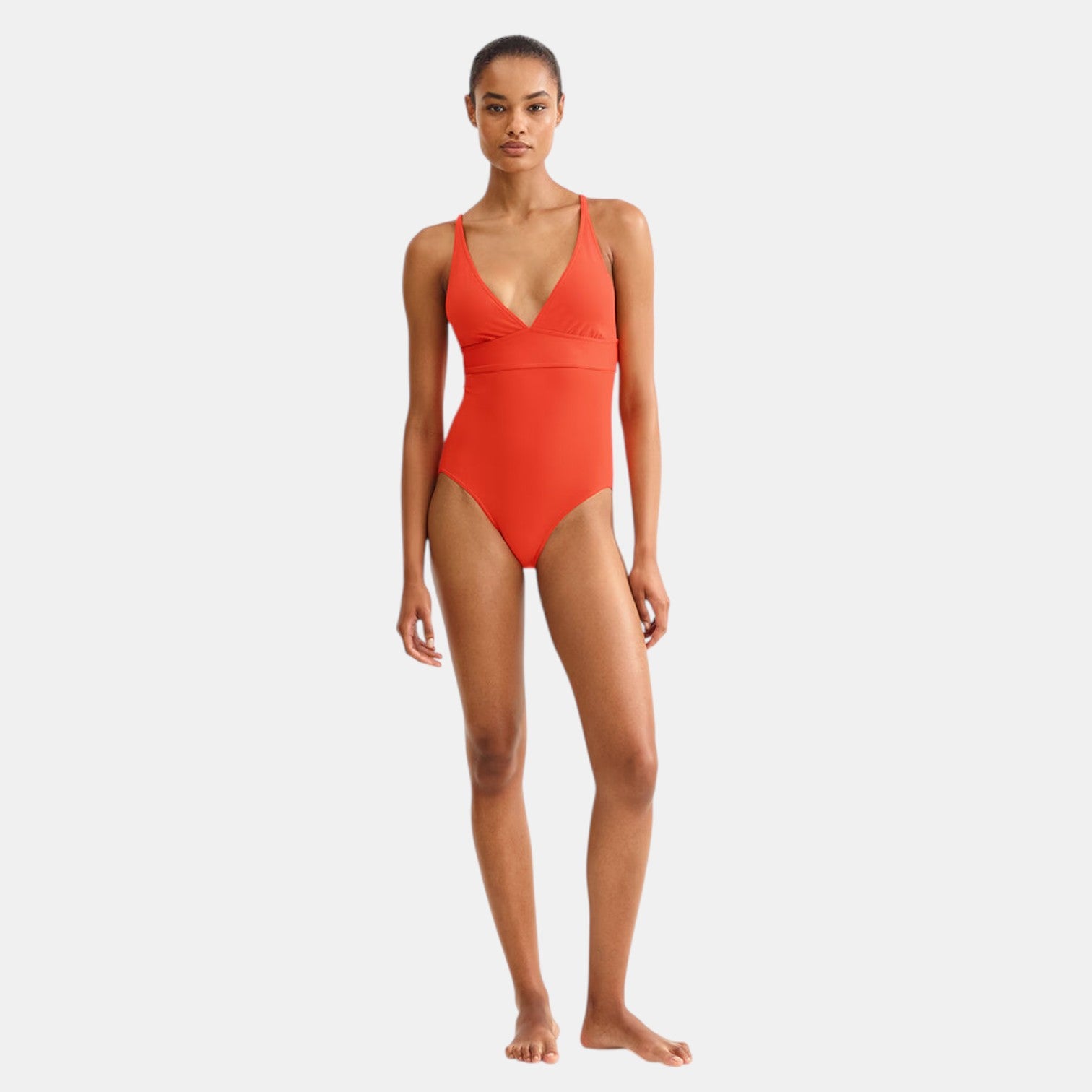 Shop Rescue Spa Larcin Rooibos one-piece swimsuit in orange with V-neckline and thin straps.
