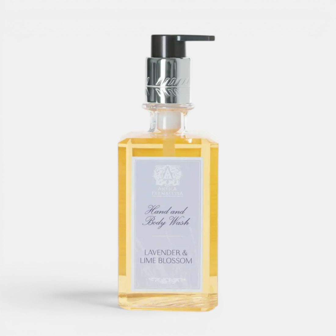 Shop Rescue Spa Lavender &amp; Lime Blossom hand and body wash in a clear pump bottle with a silver dispenser.