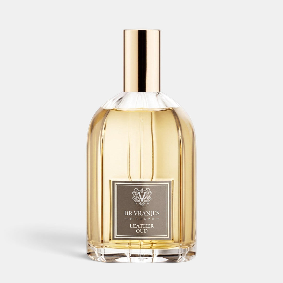 Shop Rescue Spa Dr. Vranjes Leather Oud room spray in a clear glass bottle with a gold cap on a white background.