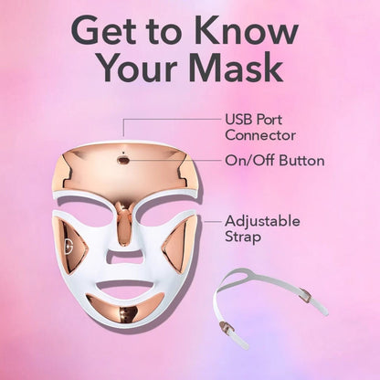 Shop Rescue Spa DRx SpectraLite FaceWare Pro LED mask with rose gold accents, USB port, and adjustable head strap.