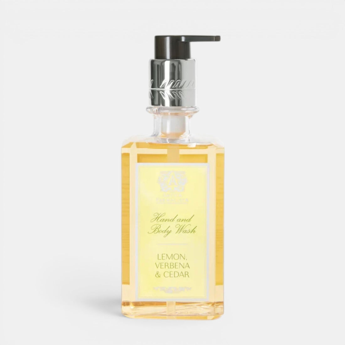 Shop Rescue Spa Lemon, Verbena &amp; Cedar hand and body wash in a clear bottle with a decorative silver pump dispenser.