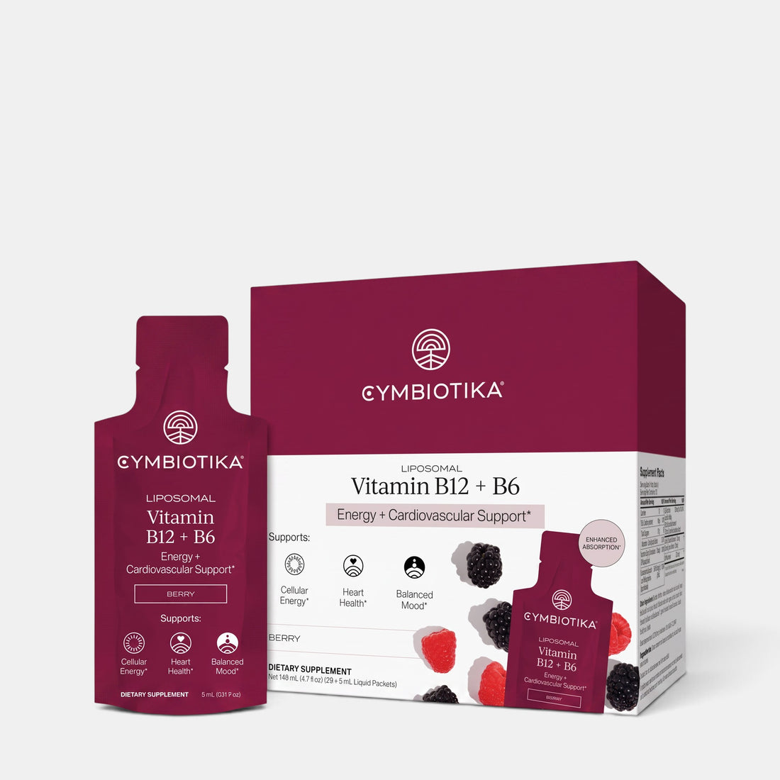 Shop Rescue Spa Cymbiontika Liposomal Vitamin B12 and B6 berry flavored liquid supplement packets and box