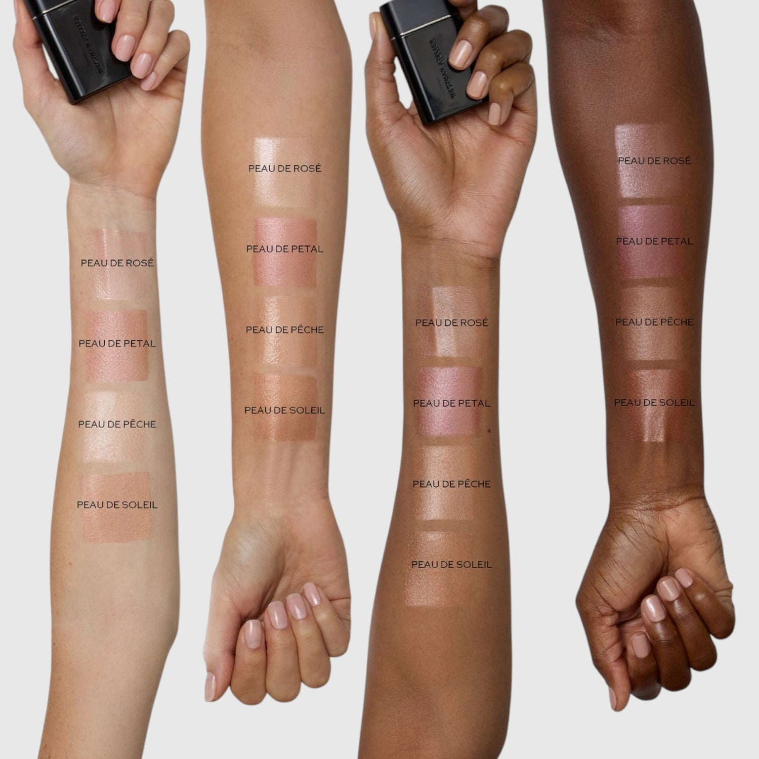 Shop Rescue Spa Liquid Super Loaded complexion enhancer swatches on four different skin tones showing three shades.
