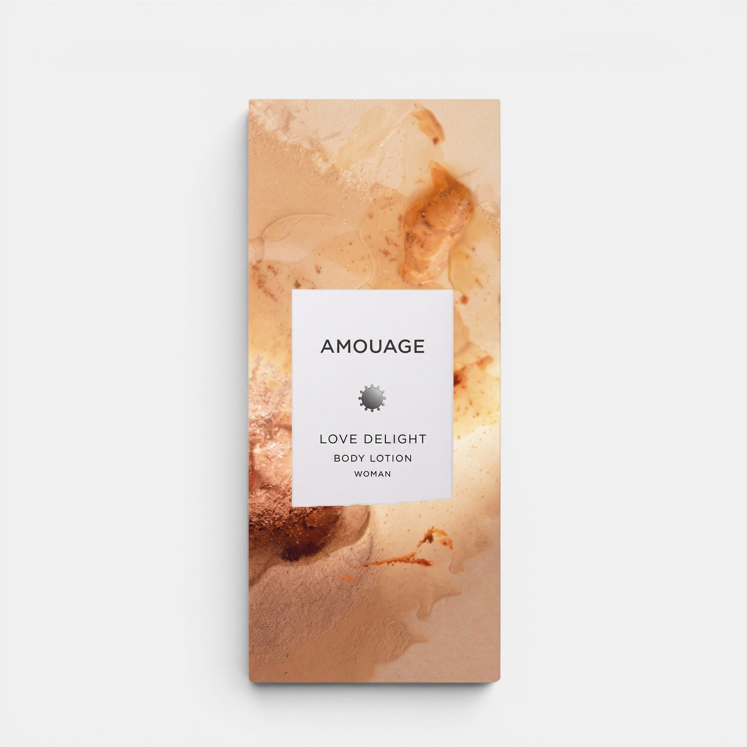 Shop Rescue Spa Amouage Love Delight body lotion bottle with abstract beige and brown artistic packaging design