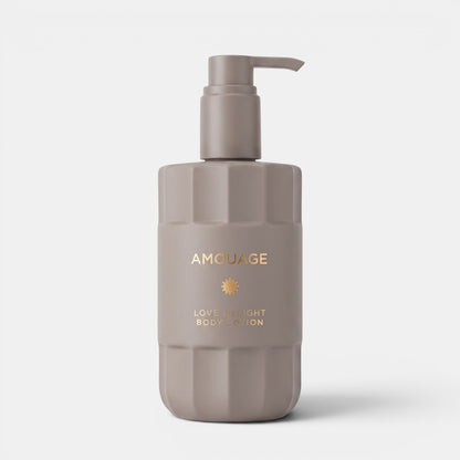 Shop Rescue Spa Love Delight body lotion in a taupe fluted bottle with a pump dispenser and gold lettering.