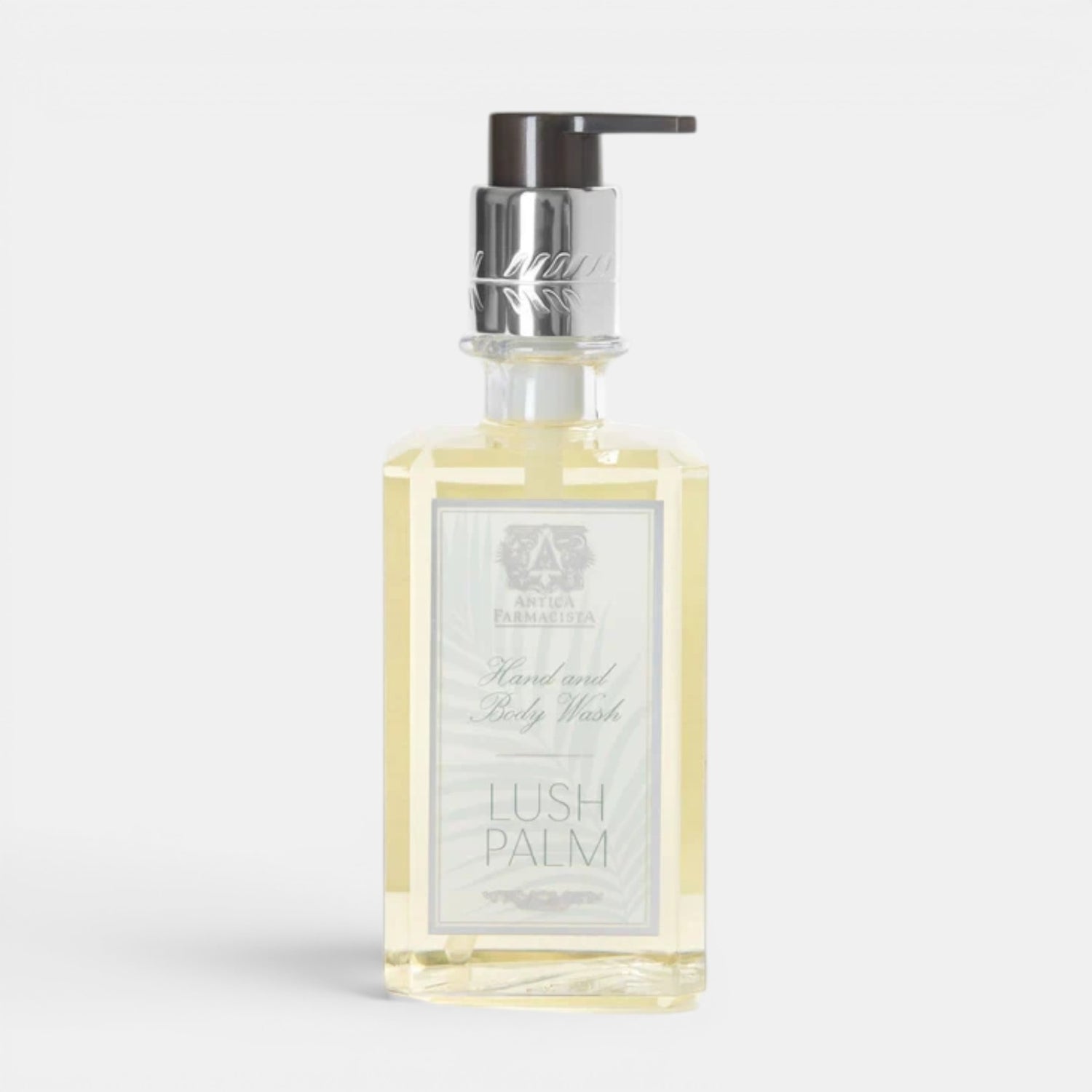 Shop Rescue Spa Lush Palm hand and body wash in a clear 10 oz bottle with a silver pump dispenser.