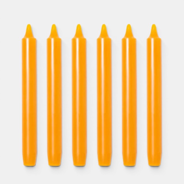 Shop Rescue Spa Madeleine taper candles in orange, 8" H x 0.9" Ø, dripless and smokeless wax, 7-hour burn time.