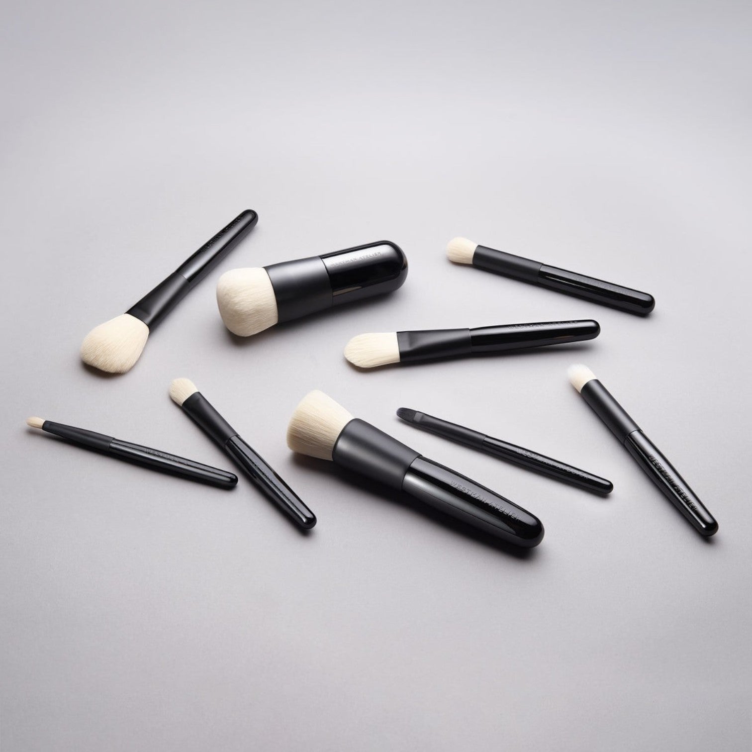 Shop Rescue Spa professional makeup brush set with black lacquered handles and soft white cruelty-free nylon bristles