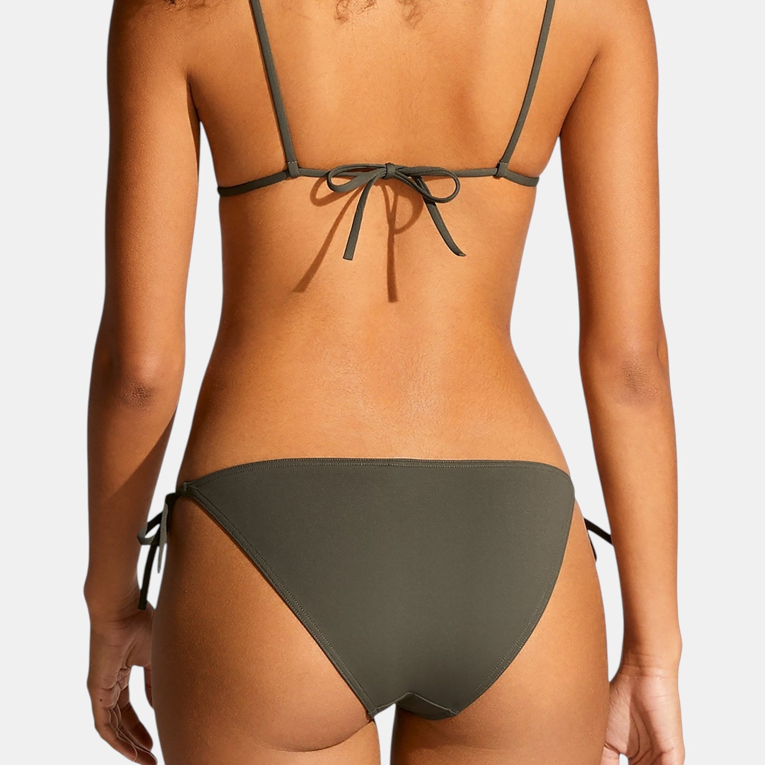 Shop Rescue Spa MALOU bikini bottom in olive green with adjustable side ties, back view on a model
