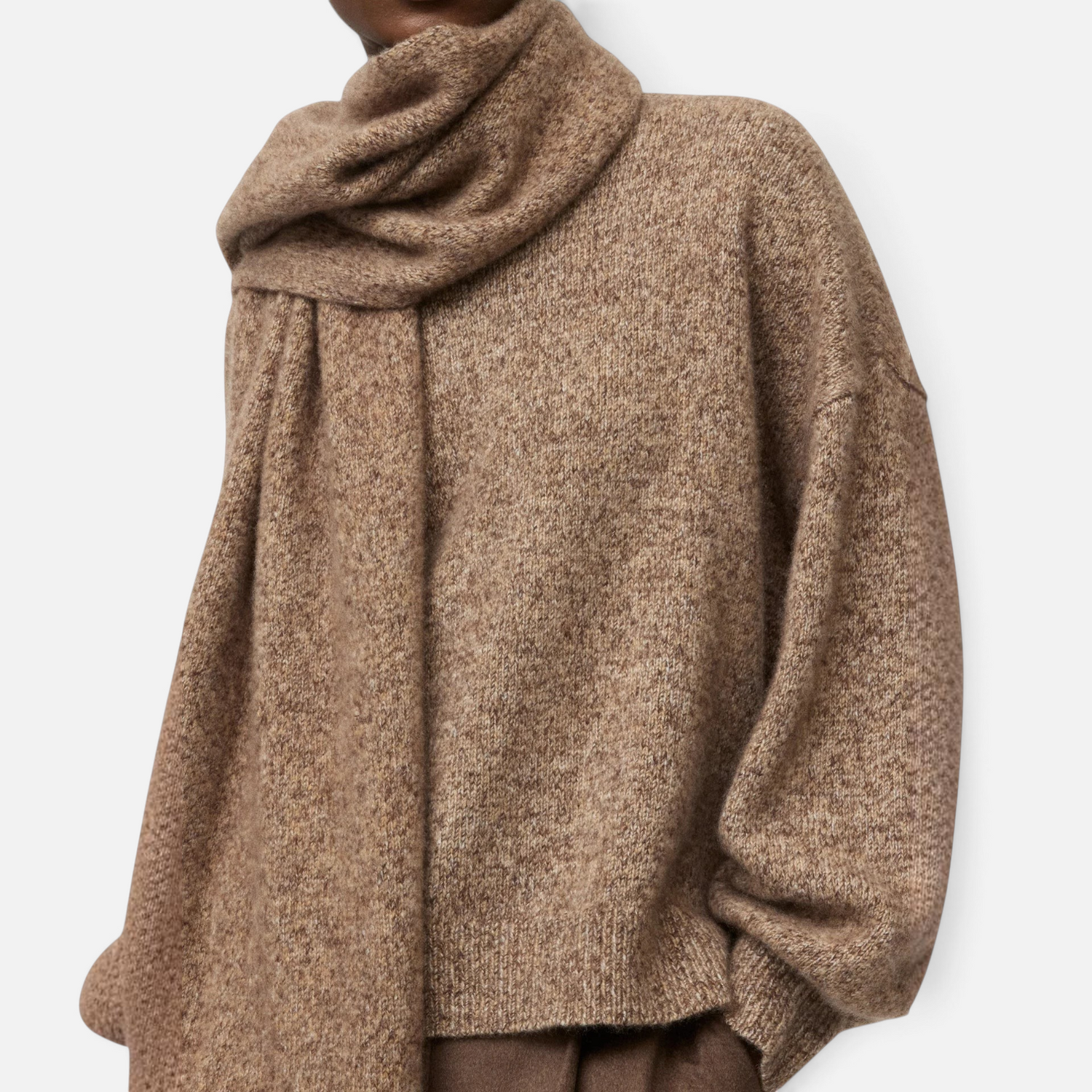 Shop Rescue Spa marled brown cashmere and silk knit scarf worn draped around the neck with a matching sweater.