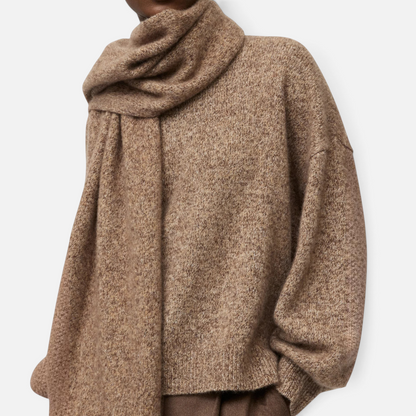 Shop Rescue Spa marled brown cashmere and silk knit scarf worn draped around the neck with a matching sweater.