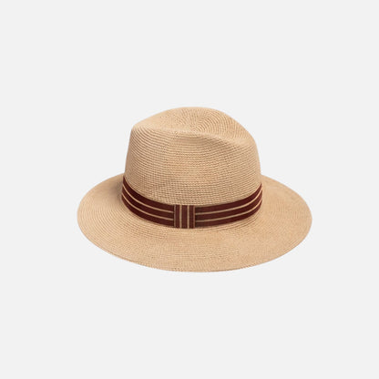 Shop Rescue Spa Marlon paper straw hat in gingembre brown with a dark chocolate ribbon and gold thread detail.