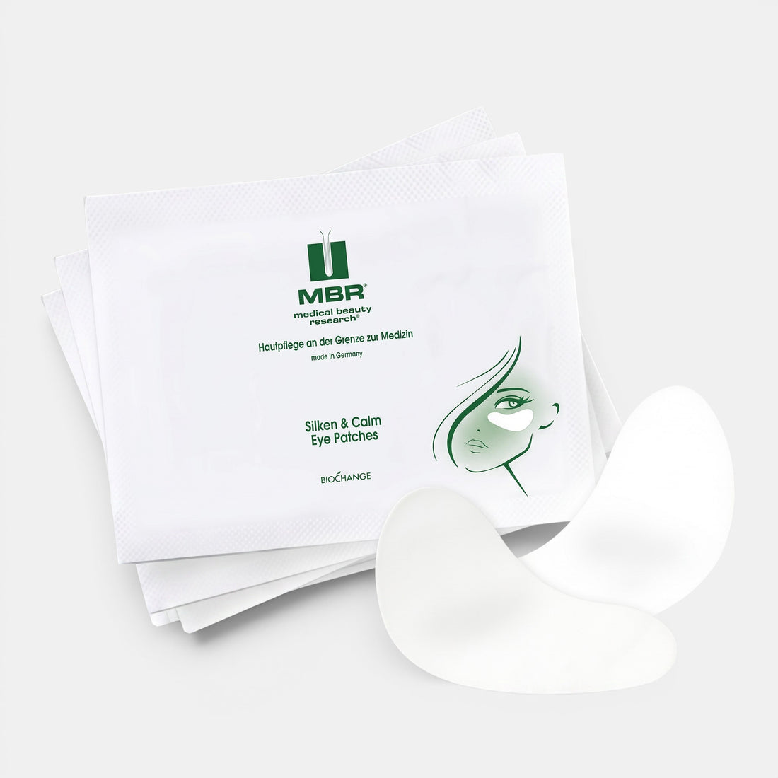 Shop Rescue Spa MBR Silken &amp; Calm collagen eye patches in white sachets for soothing and hydrating sensitive skin.