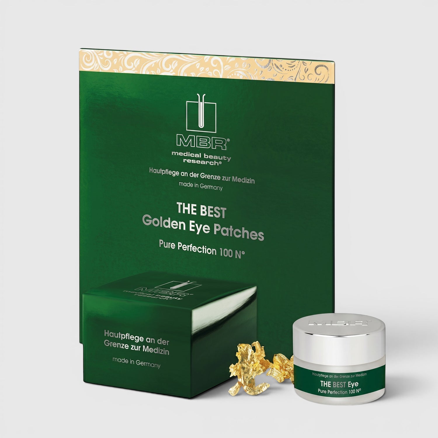 Shop Rescue Spa MBR The Best Golden Eye Patches set with green packaging and gold leaf accents for anti-aging care