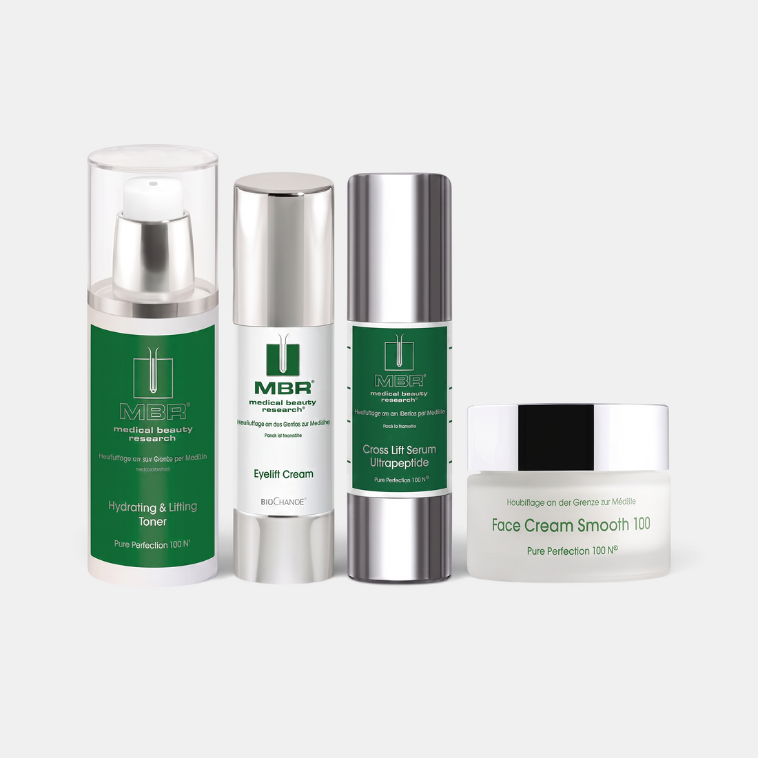 Shop Rescue Spa MBR Lift &amp; Firm Bundle featuring toner, eyelift cream, serum, and face cream in professional bottles.