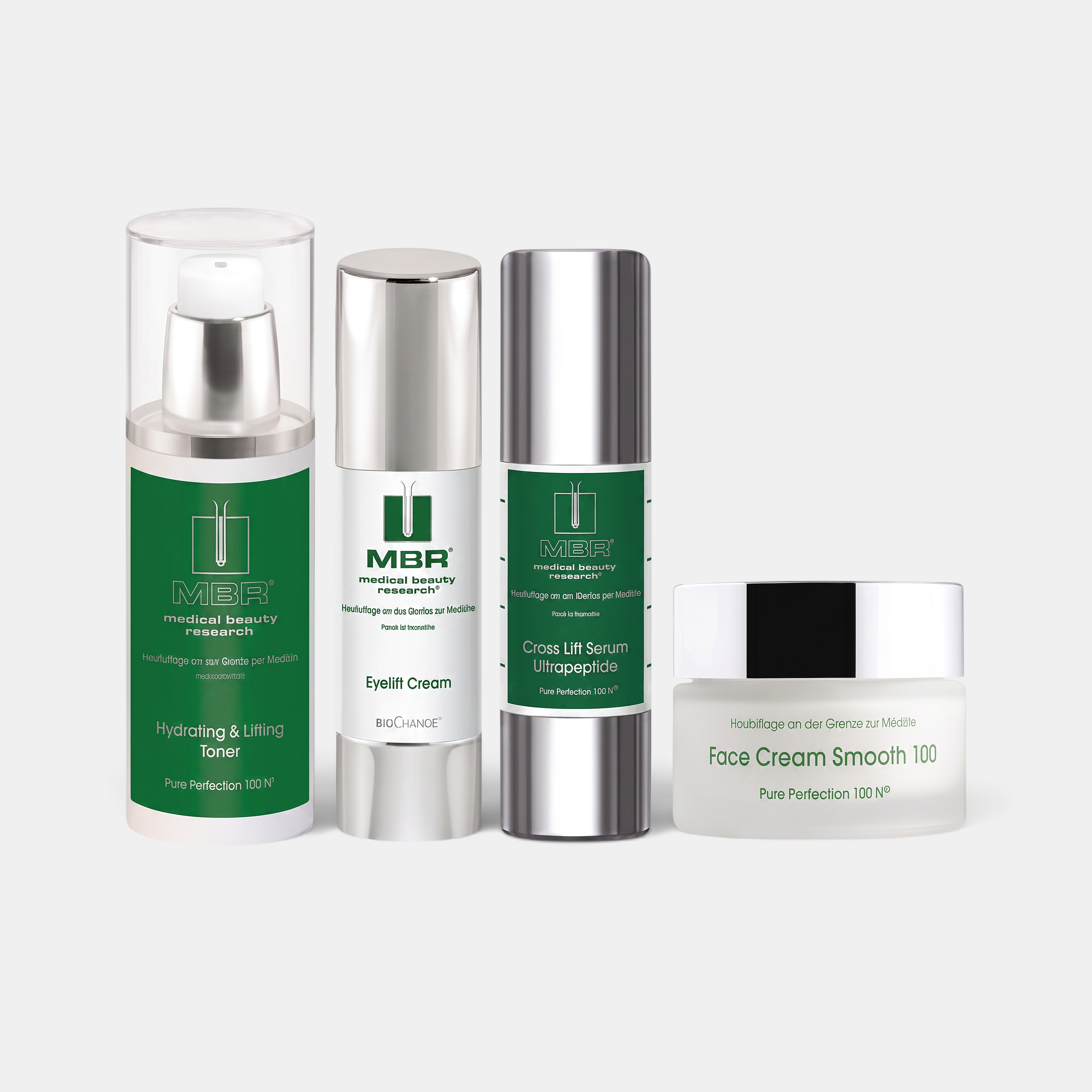Shop Rescue Spa MBR Lift &amp; Firm Bundle featuring toner, eyelift cream, serum, and face cream in professional bottles.