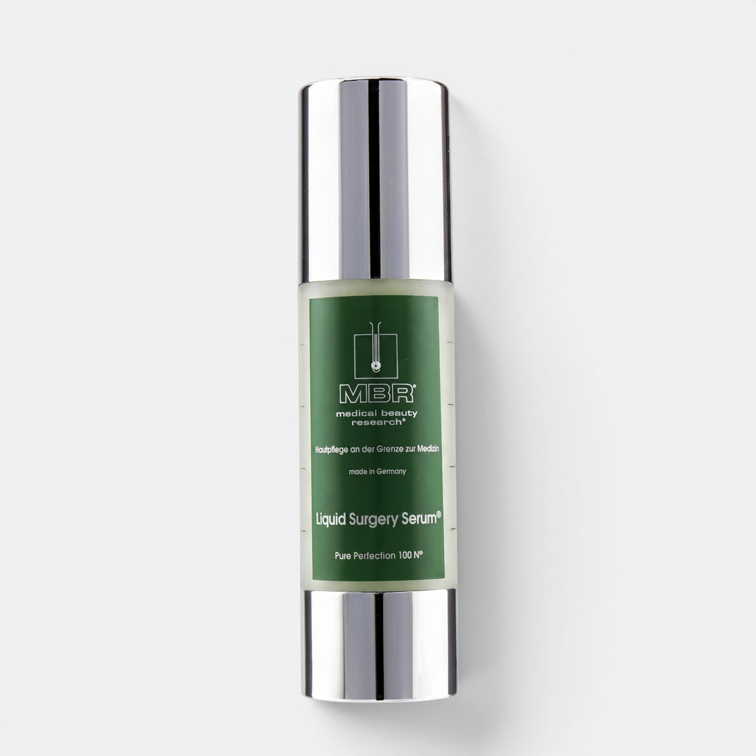 Shop Rescue Spa MBR Liquid Surgery Serum in a 15ml green bottle with a silver pump cap for skin rejuvenation.