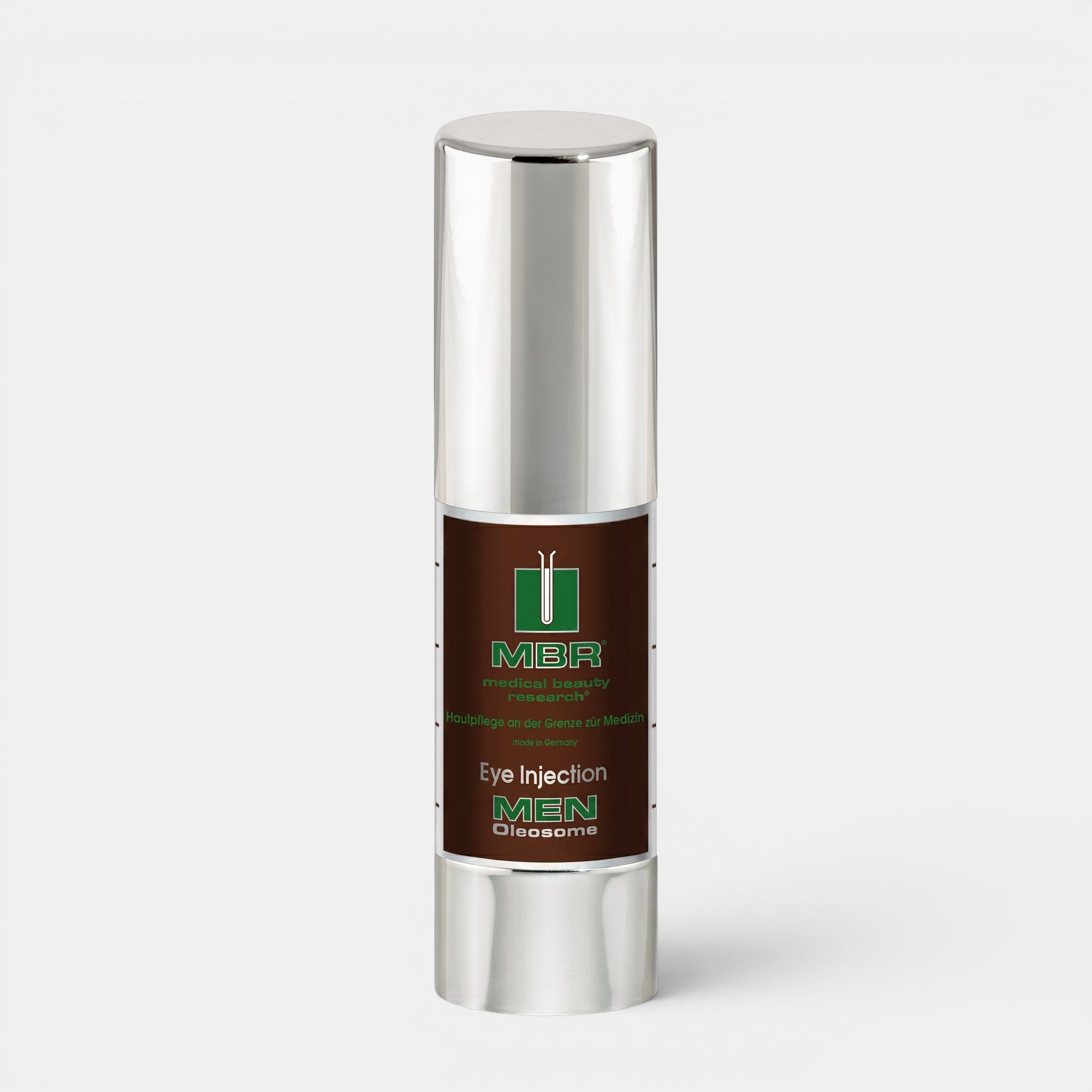 Shop Rescue Spa MBR Men Eye Injection oil-free firming eye gel in a silver and brown pump bottle.
