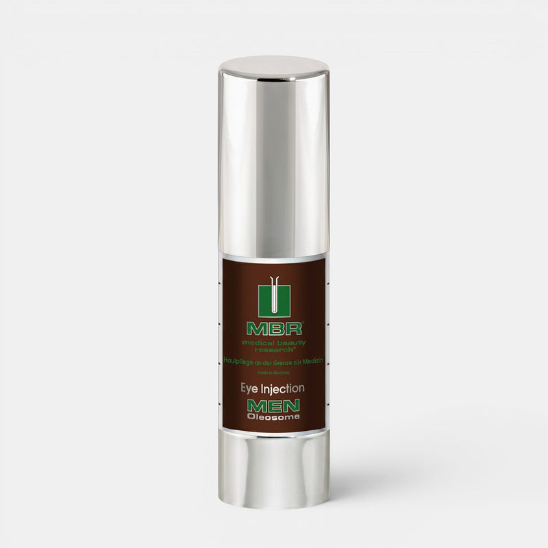 Shop Rescue Spa MBR Men Eye Injection oil-free firming eye gel in a silver and brown pump bottle.