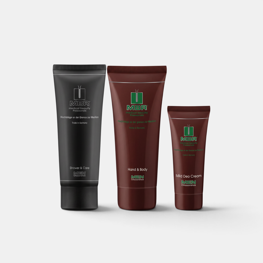 Shop Rescue Spa MBR Men shower and care set featuring three skincare tubes in black and brown packaging